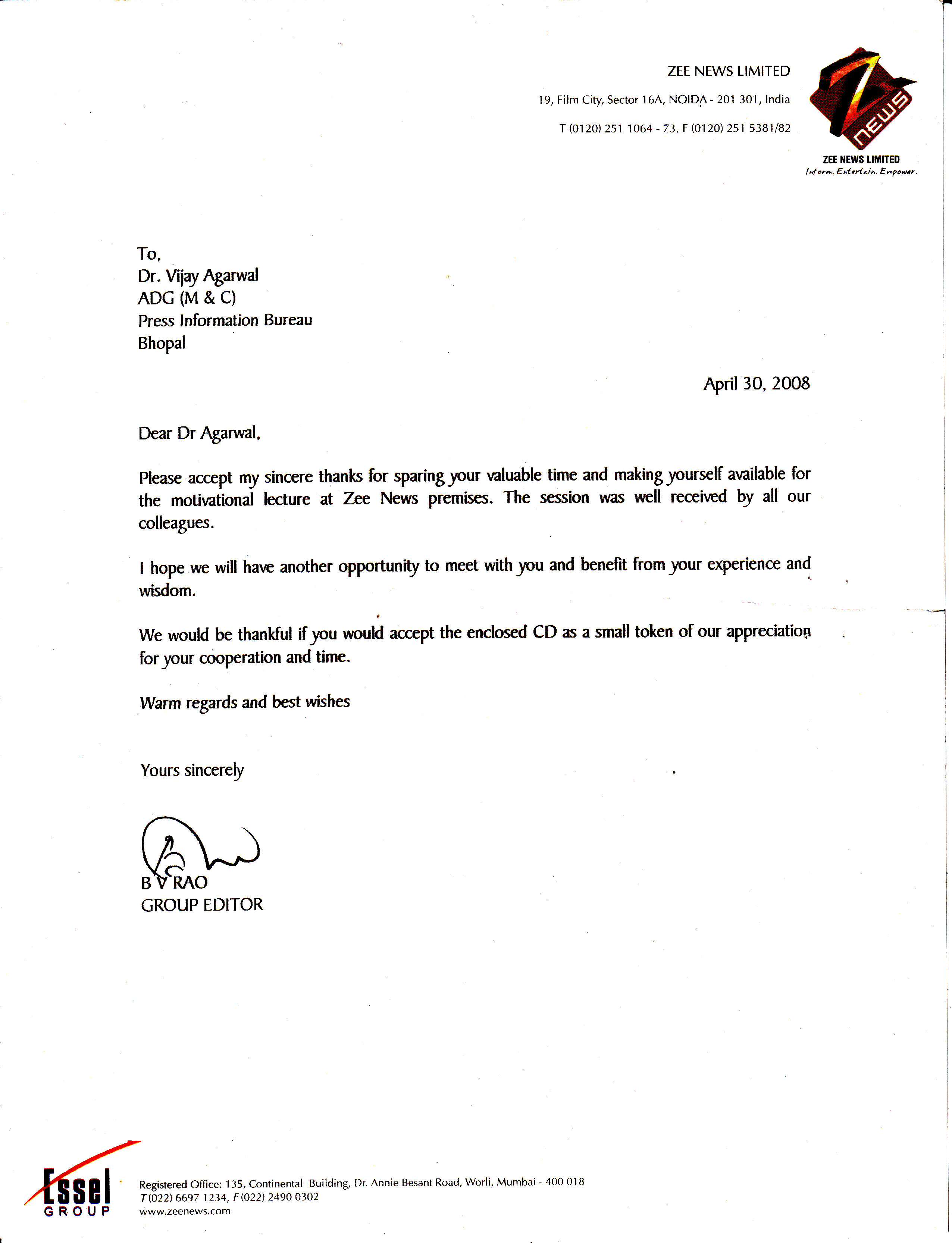 Letter from Zee News Ltd.